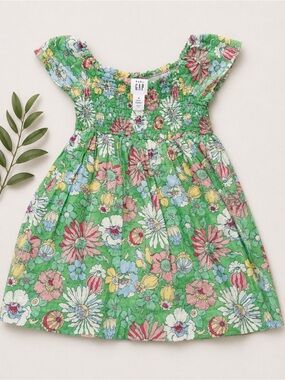 GAP Green Floral Smocked Dress with Pink & Yellow Blooms
